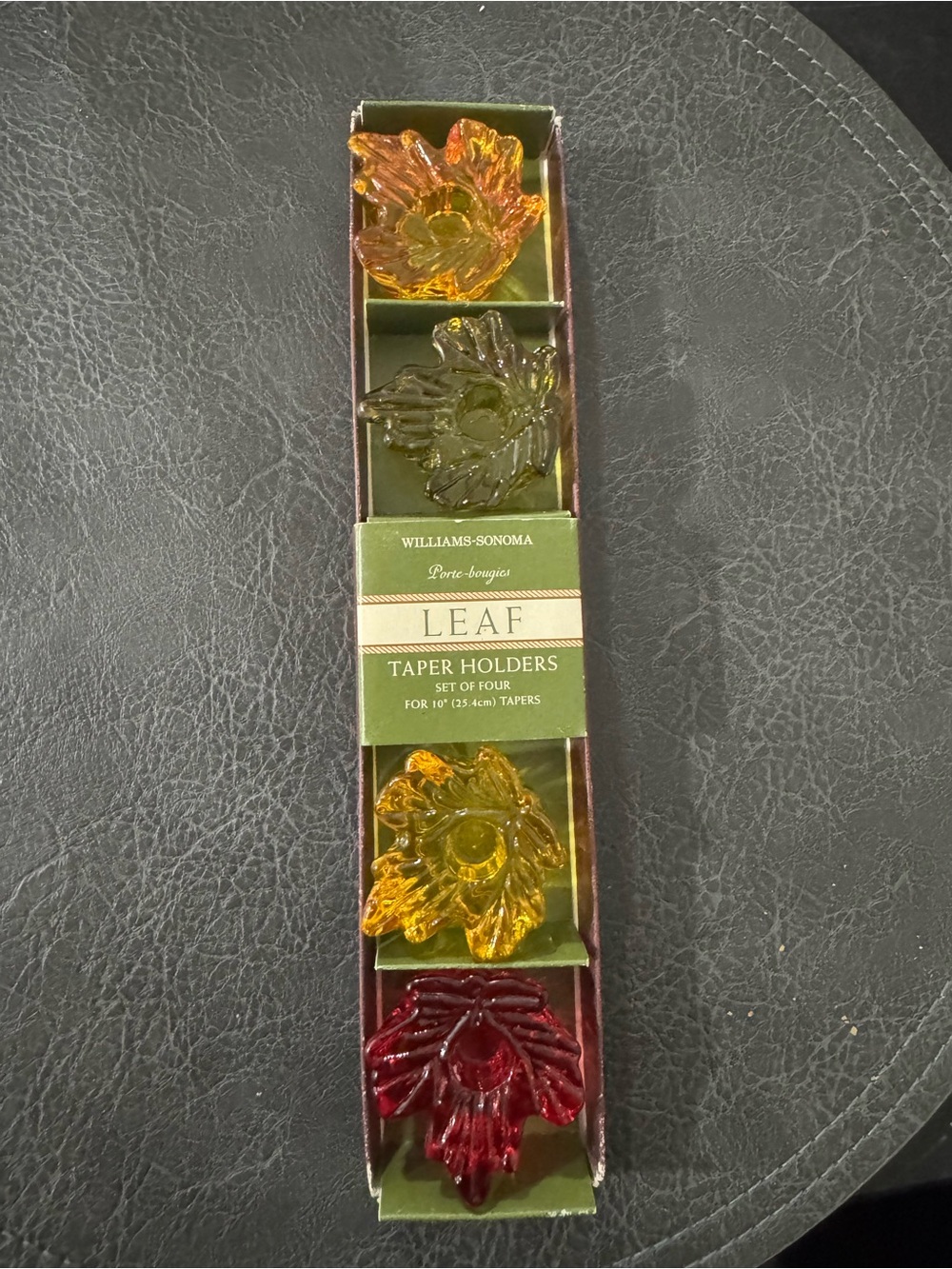 Williams Sonoma Glass Leaf Taper Holders in Green, Amber, Burgundy